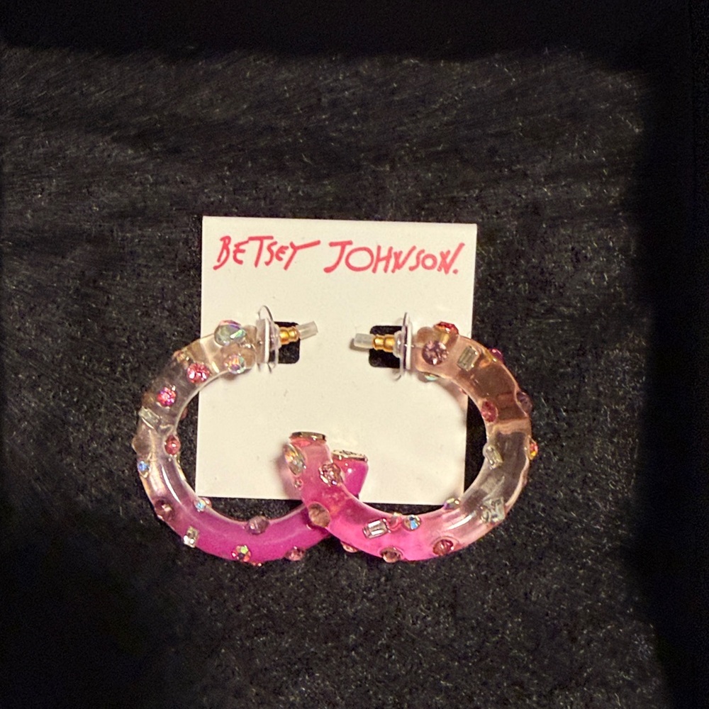 Betsey Johnson Pink and Clear Crystal Hoop Earrings